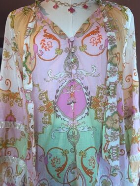 Hale Bob Sheer Cotton Boho Blouse XS Pink Multi Print Tassel Fringe Sleeve NWT